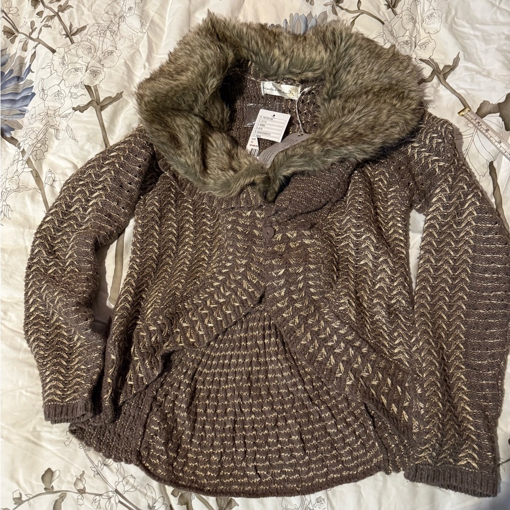 Anthropologie Charlie & RobinFaux Fur Collar Brown Knit Sweater Cardigan